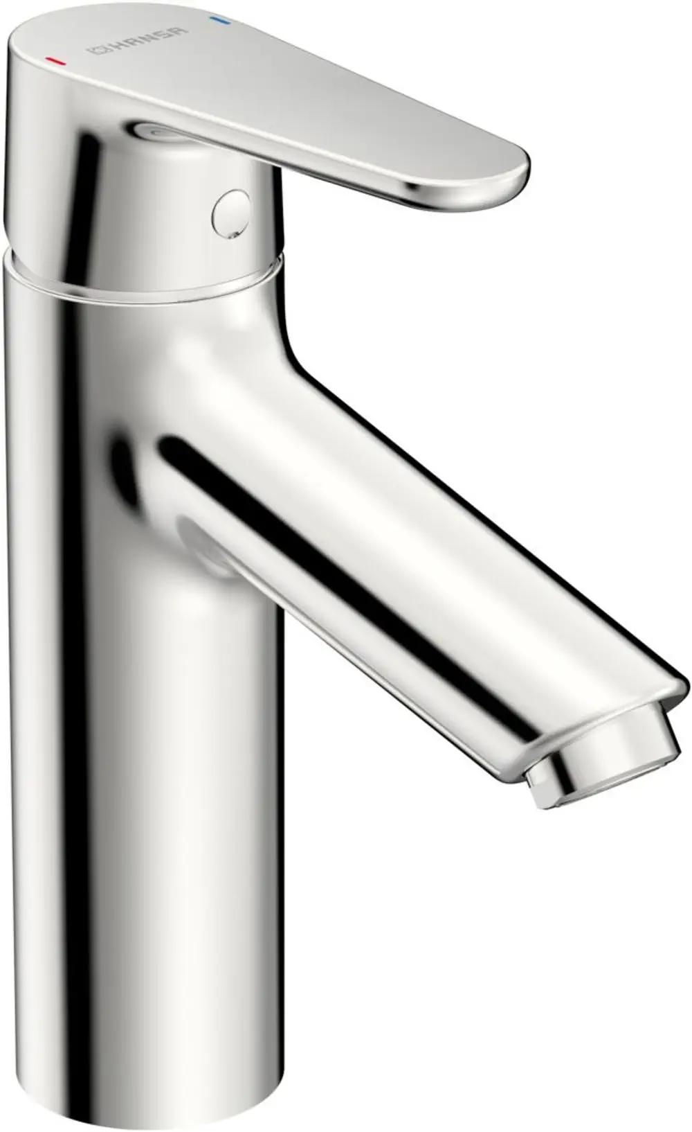 Waschtischbatterie aus Chrom mit einem schlichten Design und einem einzelnen Hebel für die Wasserregelung. Marke: HANSA.